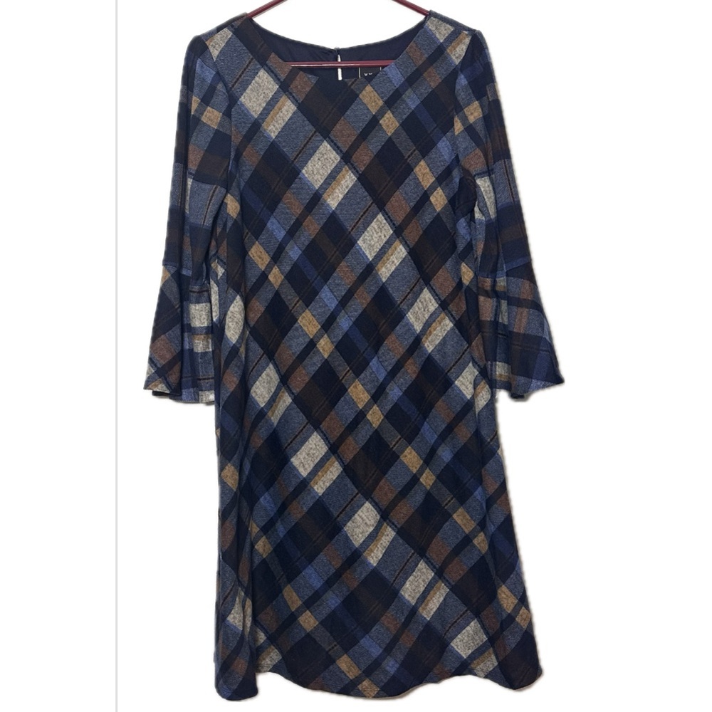 JH JOHI Plaid Shift Dress, Large, 3/4 Bell Sleeve Lined‎ brown blue never worn